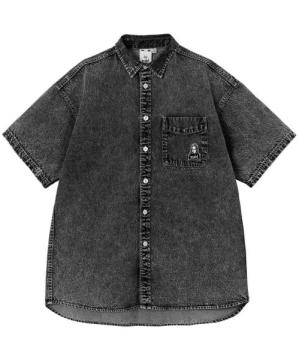 CHEMICAL WASH DENIM FACE EMBROIDERY S/S SHIRT